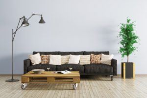 Modern interior of living room with black sofa, floor lamp and coffee table 3d render.